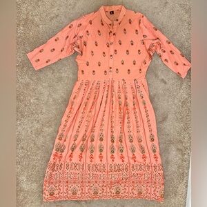 Pakistani Self Printed Dress Peach/Green Size Large